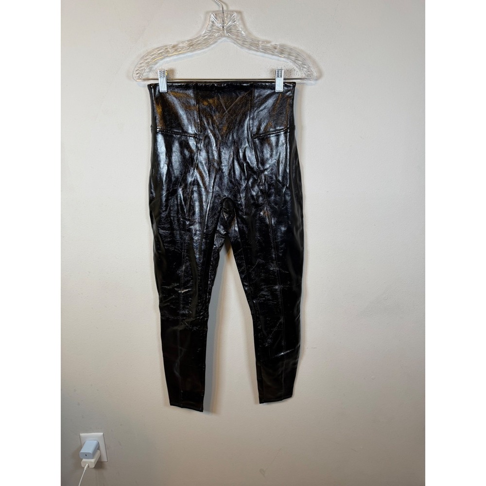Spanx Womens Leggings Cracked Patent Faux Leather Black Medium Petite